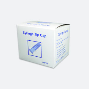 box of syringe tip caps on a white background